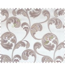 Large scroll with beige brown flower with embossed look on khaki brown shiny fabric main curtain